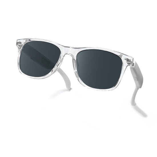 Slimme bril - Bluetooth-bril - AI Smart Translator-bril - Stijlvolle zonnebril met UV400-bescherming, muziek- en spraakondersteuning en AI-realtimevertaling in meer dan 100 talen, waardoor ze de perfecte reisgenoot zijn (helder montuur + grijze lenze van Grasya