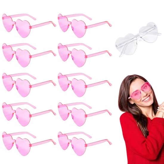 SLTAXAR 11 stuks zonnebril hart roze feestbril hart hippie bril roze grappige partybrillen set hart voor carnaval foto rekwisieten randloze hartvormige bril bruiloft voor kinderen volwassenen van Merkloos