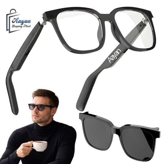 Smart Bluetooth Bril met Speakers – Handsfree Bellen & Muziek – Zonneclip 2-in-1 – Android/iOS – Zwart – smart bril – bluetooth glasses speakers – draadloze bril muziek – bril met voice assistant – wearable technologie bril – 85388 van Merkloos