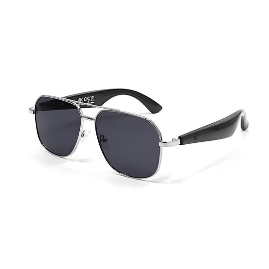 Smart Glasses - Bluetooth-bril - AI Smart Translation Glasses - Modieuze zonnebril met UV400-bescherming, ondersteuning voor muziek en oproepen, en AI-vertaling, meer dan 100 vertaaltalen, unisex (Zilveren montuur + grijze glazen) van Merkloos