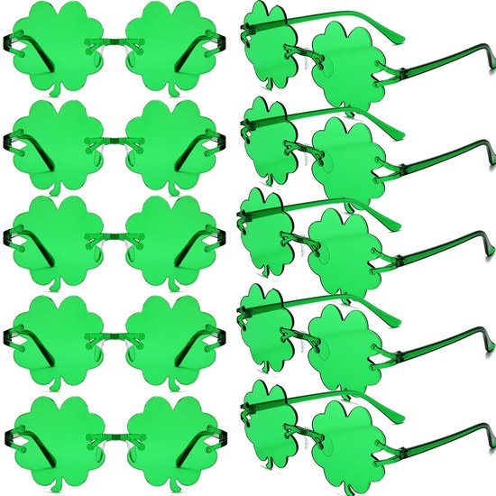 Solidchoice- Zonnebril St. Patrick's Day - 10x Groene Klaverblad Zonnebrillen - Kunststof - Feestaccessoires - Duurzaam - Ideaal voor Kinderen en Volwassenen - Feestzonnebril