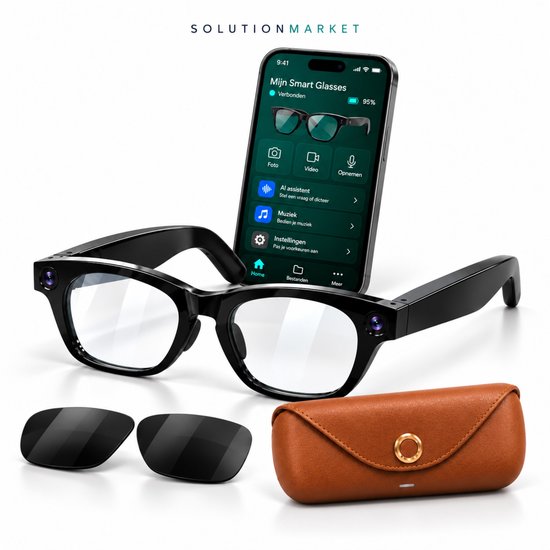 SolutionMarket Camera Bril / Smart Glasses – 8MP – Full HD – AI Vertaling – Bellen & Muziek – Clip-on Zonnebril – Bruine Oplaadcase