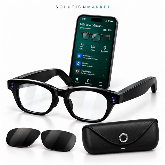 SolutionMarket Camera Bril / Smart Glasses – 8MP – Full HD – AI Vertaling – Bellen & Muziek – Clip-on Zonnebril – Zwarte Oplaadcase