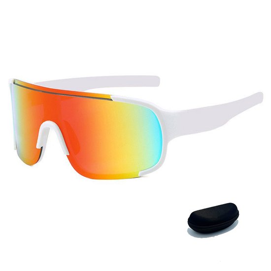 Sport zonnebril - Fietsbril - Buiten sport accessoire - Omrande lens, anti-UV coating, meegeleverde zwarte ritsetui - Kunststof + reflecterende lens - 18×8×2 cm - Geschikt voor hardlopen, fietsen, vissen en honkbal - Wit