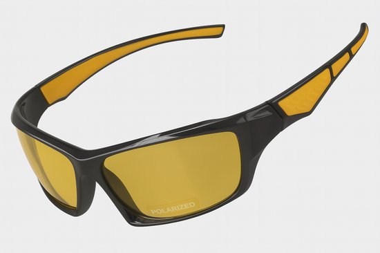 Sport zonnebril met gepolariseerde gele glazen voor heren – zwart montuur met gele accenten – gebogen ontwerp van Merkloos