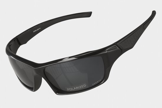 Sport zonnebril met gepolariseerde glazen voor heren – zwart montuur – gebogen ontwerp – sportbril van Merkloos