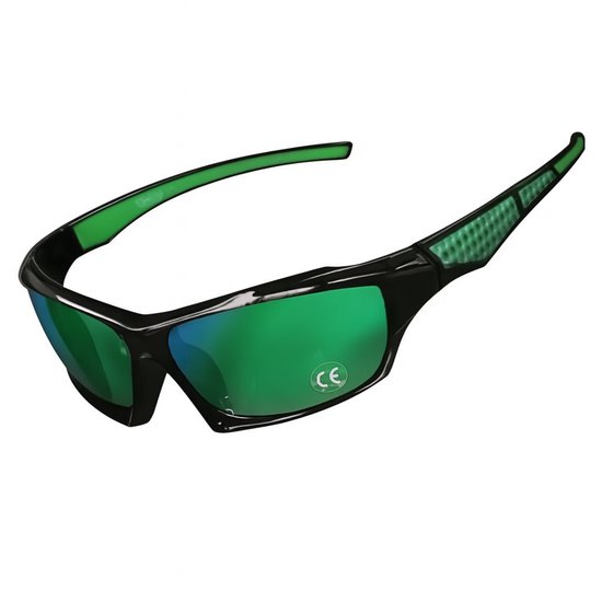 Sport zonnebril met gepolariseerde groen spiegelende glazen voor heren – zwart montuur met groene accenten – gebogen design van Merkloos