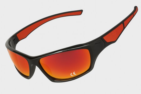 Sport zonnebril met gepolariseerde rood spiegelende glazen voor heren – zwart montuur met rode accenten – gebogen ontwerp van Merkloos