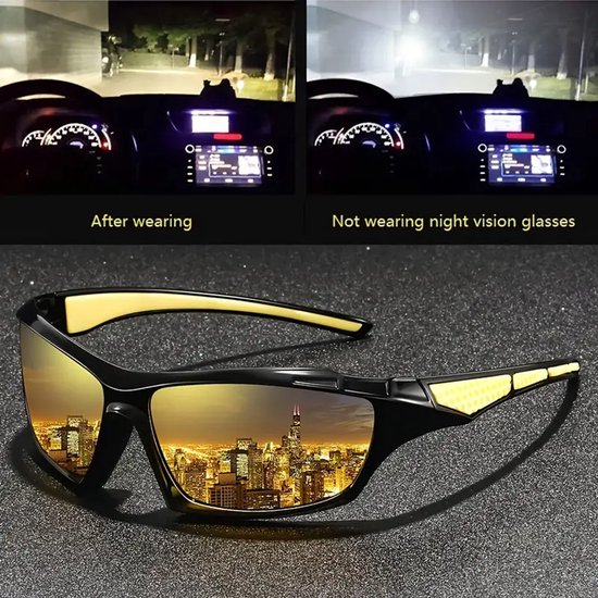 Sportieve zonnebril - zwart montuur met gele (nacht) glazen van Merkloos