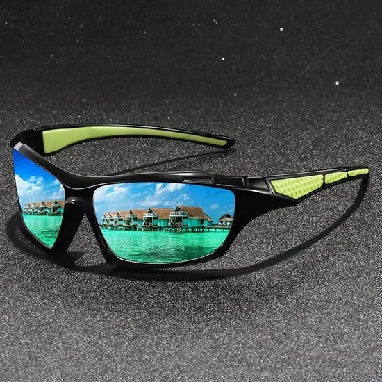 Sportieve zonnebril - zwart/groen - spiegelende glazen van Merkloos