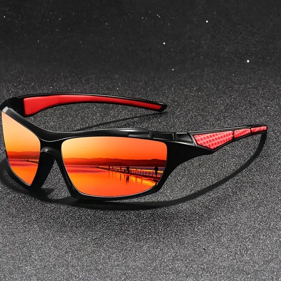 Sportieve zonnebril - zwart/rood spiegelend van Merkloos