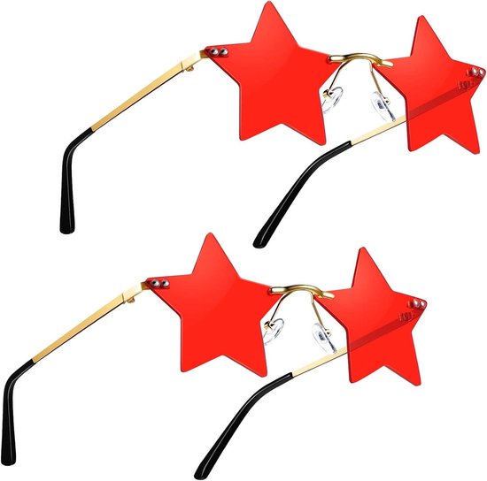 Ster Zonnebrillen - Pentagram Bril - Feest Accessoire - Randloos Ontwerp - 136 x 133 mm - Rood en Goud