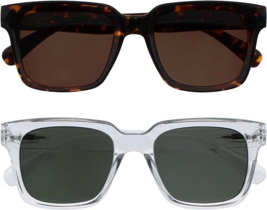 Sunglasses - Brown & Green Tinted Lens - 2 Pack - Anti - reflective Polarised Lenses With UV400 Protection - Oversized Rectangular Frame - Spring Hinges - Brown/Clear - Mens Womens +0.00