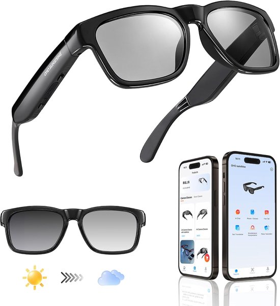sunshsine AI-bril, Bluetooth-audiozonnebril met 10 uur speeltijd, ChatGPT-vertaling en waterbestendige open-oorbril