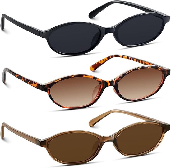 Thijox - 3 Stuks Ovale Zonnebril Dames, Jaren '90 Retro Cat-Eye, Skinny Trendy Zonnebrillen UV400 voor Feest, Carnaval, Festival, Zwart, Bruin, Luipaa