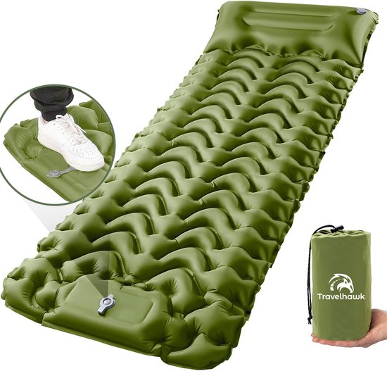 Travelhawk Luchtbed - Slaapmat Zelfopblazend - Campingbedje - Slaapmatten - Luchtbed met Ingebouwde Pomp - Slaapmatje 1 Persoons - Kliksysteem - Groen van Travelhawk