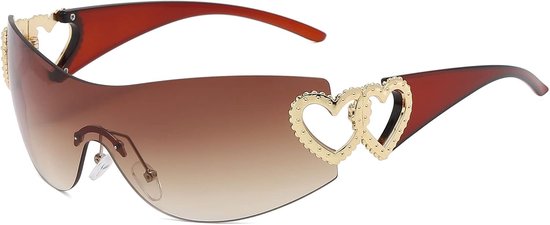 Trendy Y2K Wraparound Heart Zonnebril - voor Vrouwen Mannen Stijlvolle Randloze Wrap Around Oversized Zwarte Bril Fietsen Rijden Winkelen Outdoor..