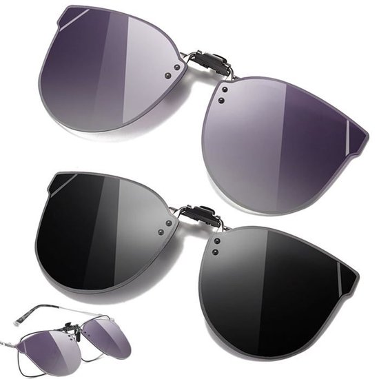 Twee paar clip-on gepolariseerde zonnebrillen, zwart/paars, UV400-bescherming - geschikt voor brillen op sterkte voor dames en heren - clip-on zonnebrillen van Merkloos