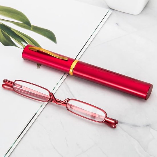Ultradunne metalen leesbril voor unisex met draagbaar clipzakje - 4,0 dioptrieën (rood) van Merkloos