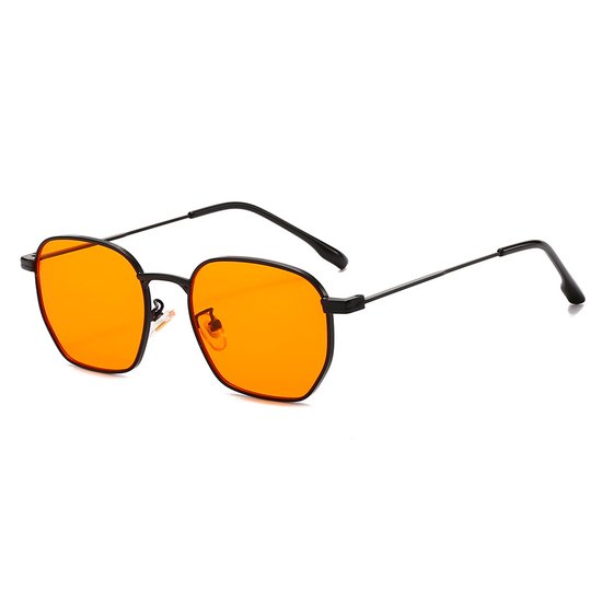 Unisex retro zonnebril met vierkant/zeshoekig/veelhoekig metalen montuur en UV-bescherming (zwart montuur, oranje glazen) van Merkloos