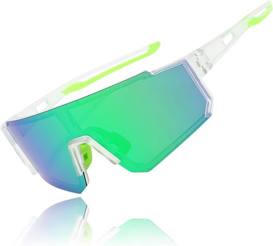 Unisex sportzonnebril, gepolariseerde zonnebril, fietsbril, hardloopbril, Geschikt voor mountainbiken, wielrennen, skiën en hardlopen, met UV400-bescherming (transparant montuur met groene coating). van Merkloos