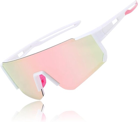 Unisex sportzonnebril, gepolariseerde zonnebril, fietsbril, hardloopbril, Geschikt voor mountainbiken, wielrennen, skiën en hardlopen, met UV400-bescherming (wit montuur en roze coating). van Merkloos