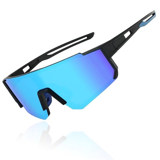 Unisex sportzonnebril, gepolariseerde zonnebril, fietsbril, hardloopbril, Geschikt voor mountainbiken, wielrennen, skiën en hardlopen, met UV400-bescherming (zwart montuur, blauwe coating). van Merkloos