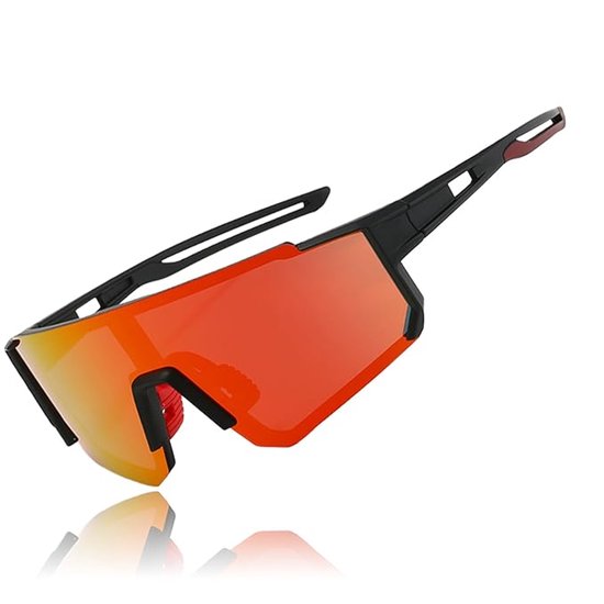 Unisex sportzonnebril, gepolariseerde zonnebril, fietsbril, hardloopbril, Geschikt voor mountainbiken, wielrennen, skiën en hardlopen, met UV400-bescherming (zwart montuur en rode folie). van Merkloos