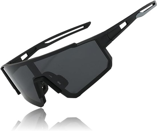 Unisex sportzonnebril, gepolariseerde zonnebril, fietsbril, hardloopbril, Geschikt voor mountainbiken, wielrennen, skiën en hardlopen, met UV400-bescherming (zwart montuur, grijze lens).