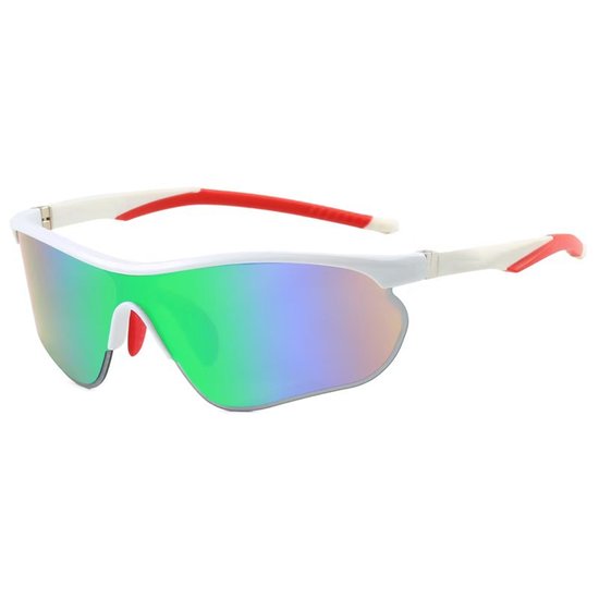 Unisex sportzonnebril met onregelmatige vorm — UV400-bescherming — Semi-randloos ontwerp met enkelvoudige lens — Markante stijl — Windbestendig — Ideaal voor fietsen, hardlopen en buitensporten — Wit montuur met groene glazen