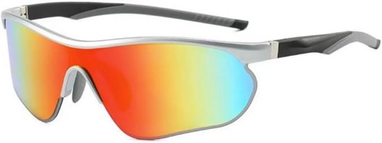 Unisex Sportzonnebril met onregelmatige vorm — UV400-bescherming — Semi-randloos ontwerp met enkelvoudige lens — Markante stijl — Windbestendig — Ideaal voor fietsen, hardlopen en buitensporten — Zilver montuur met rode glazen