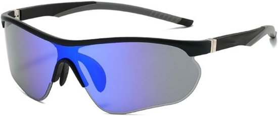 Unisex sportzonnebril met onregelmatige vorm — UV400-bescherming — Semi-randloos ontwerp met enkelvoudige lens — Markante stijl — Windbestendig — Ideaal voor fietsen, hardlopen en buitensporten — Zwart montuur met blauwe glazen