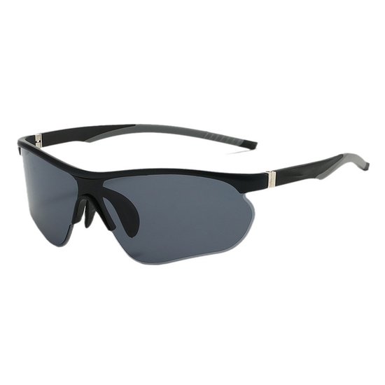 Unisex sportzonnebril met onregelmatige vorm — UV400-bescherming — Semi-randloos ontwerp met enkelvoudige lens — Markante stijl — Windbestendig — Ideaal voor fietsen, hardlopen en buitensporten — Zwart montuur met grijze glazen