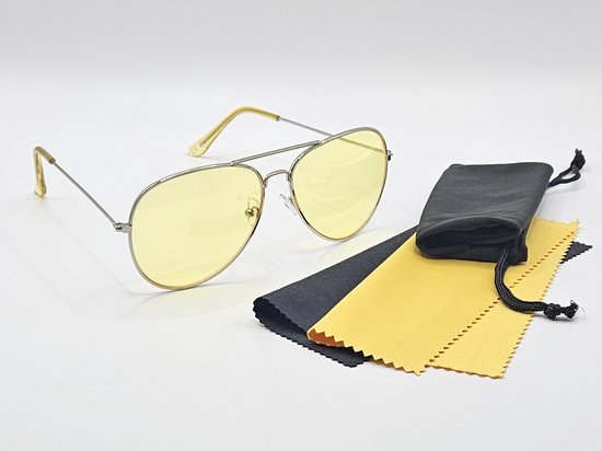 Unisex zonnebril voor het rijden / Nachtsicht brille pilot / Lunettes de nuit pilote / / 2129 / Night vision glasses / gele zonnebril / for men, women driving on rainy days / cadeau / gele bril met etui en doekje / Aland optiek van Aland Optiek