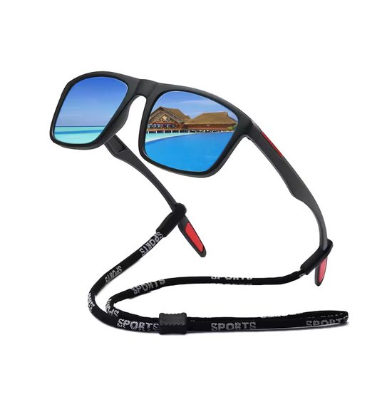 UV 400 Zonnebril met Koord - Gepolariseerde Glazen - Spiegelglas - Blauw - Bril van Merkloos