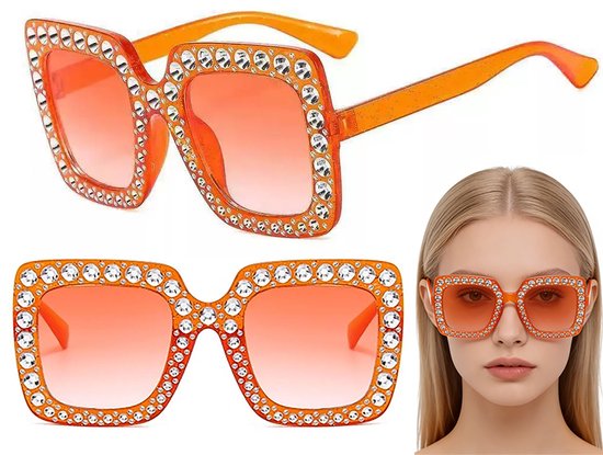Vierkante Zonnebril Met Strass Steentjes - 2 Stuks - Mode Oranje Zonnebril - luxe strassversiering - Feestelijke Zonnebril Voor Vrouwen - Zomer Accessoire - Cadeau voor vrouw - Voor Festivals & Koningsdag - Carnaval - Wereldkampioenschap 2026 van Merkloos