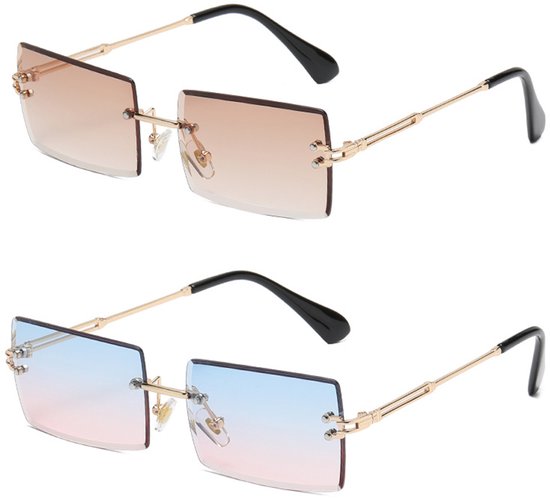 Vierkante Zonnebrillen - Unisex Leesbril - UV-bescherming Comfortabele Pasvorm - 2 Stuks - Voor Heren en Dames Blauw Roze + Goud Teegroen van Merkloos