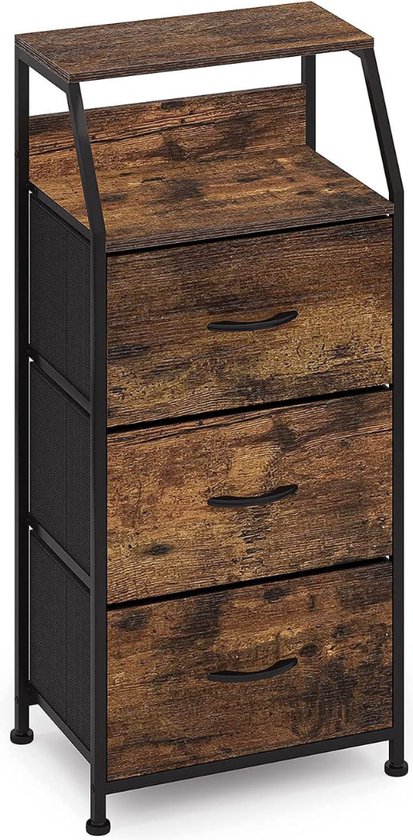 Vintage Hoekkast - Opbergkast met 3 laden, hoekkast, vintage dressoir, kast, opbergkast, organizer voor woonkamer, slaapkamer, hal, keuken, kantoor, hout, staal, bruin, zwart van Vintage