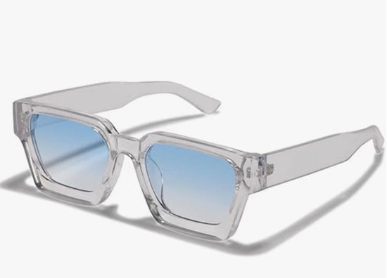 Vintage rechthoekige zonnebril voor dames en heren, chunky rechthoekige zonnebril, retro bril, UV400-bescherming, transparant/blauw, transparant/blauw van Merkloos