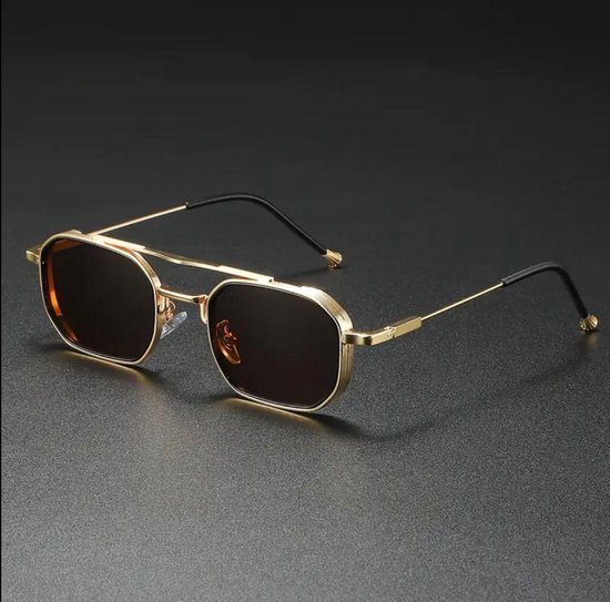 Vintage Square Zonnebril Goud Bruin Stijlvol & Duurzaam RVS Luxe Brillenkoker van Merkloos