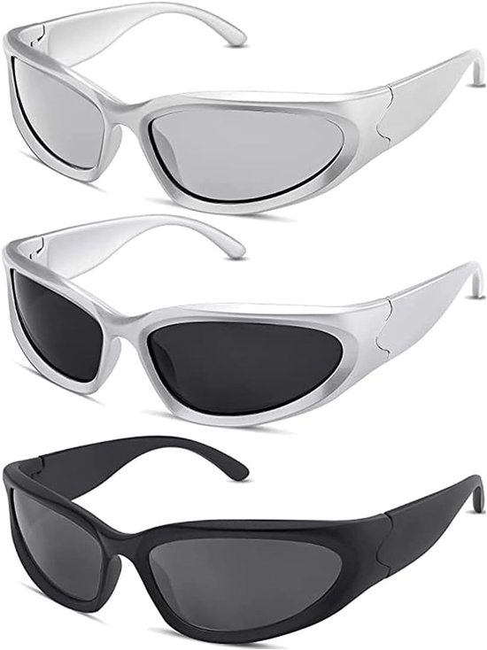Vintage zonnebril voor heren en dames, 3 paar, futuristische zonnebril, lichtgewicht wrap around UV400, fietsbril, sportbril