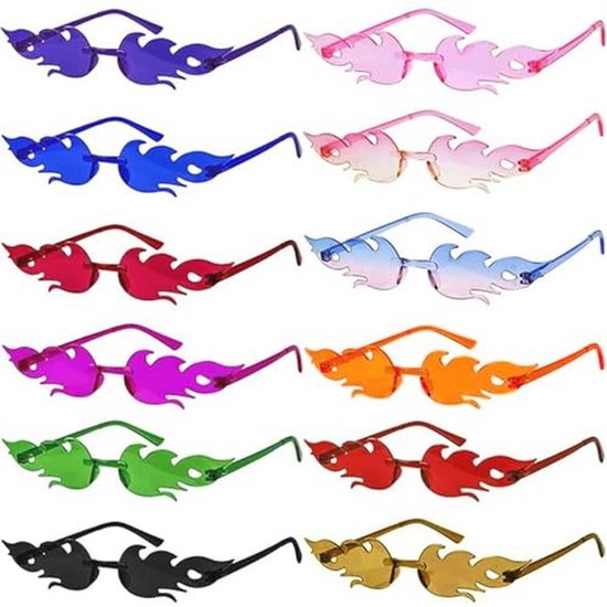 Vlammen zonnebril 12 stuks, randloze kleurrijke brillen, grappige partybrillen, feestbril, set randloze kleurrijke brillen,golf, zonnebril, brillen voor maskerade, feestdecoratie van Merkloos