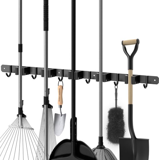 Volcan Bezemhouder - Bezem Ophangsysteem Tuingereedschap - 5 Houders 6 Haken – 3M Tape - Gereedschapshouder - RVS Zwart van Volcan