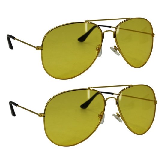 Voordeelset van 2x stuks nachtzicht piloten brillen goudkleurig voor volwassenen - Auto accessoires nachtbril van Primavera.