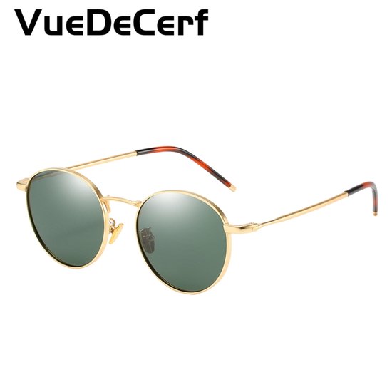 VueDeCerf Ronde Zonnebril - Retro zonnebrillen - UV380 - Gepolariseerde zonnebrillen - Metalen zonnebril - Goudomrande monturen - Groene zonnebrillen van Merkloos