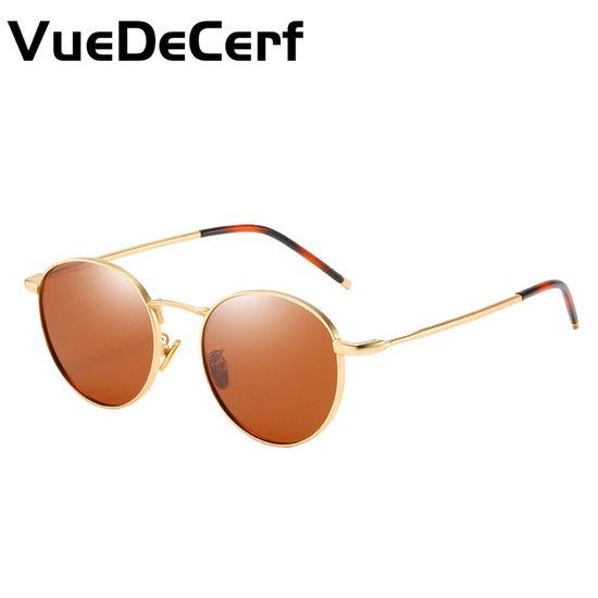 VueDeCerf Ronde Zonnebril – Retro zonnebrillen – UV380 - Gepolariseerde zonnebrillen - Metalen zonnebril - Goudomrande pootjes - Bruine zonnebril van VueDeCerf