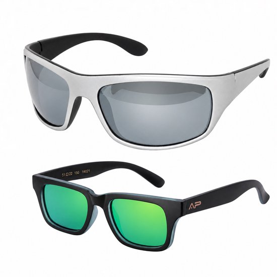 WK Premium Gepolariseerde Zonnebrillen – Set van 2 – Silver & Green REVO Lenzen – UV400 – Flexibel & Duurzaam Frame – Voor Sport, Autorijden & Outdoor