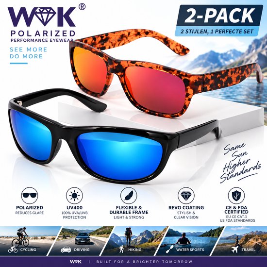 WK Premium Polarized Sportieve Zonnebrillen – Set van 2 – Gepolariseerd UV400 – REVO Lenzen – Flexibel & Duurzaam Frame – Voor Sport & Dagelijks Gebruik