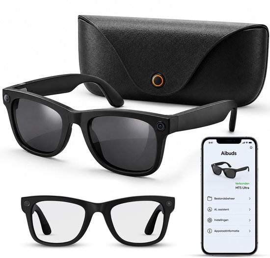 Woegel AI Smart Glasses met Camera – Smart Bril 8MP – AI Slimme Zonnebril – Spycam – AI-assistent met ChatGPT & Vertaling – Inc. Oplaadhoes – 2 sets glazen – Bluetooth, WiFi & App – Zwart