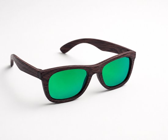 Woodtrend Corfu Houten Zonnebril - Wayfarer Zonnebril - Houten Sunglasses - Gepolariseerde Zonnebril - UV400 Bescherming - Groen Blauwe Spiegelglazen - Handgemaakte Eyewear - Duurzaam Houten Brilmontuur - Lichtgewicht Shades - Unisex Dames en Heren